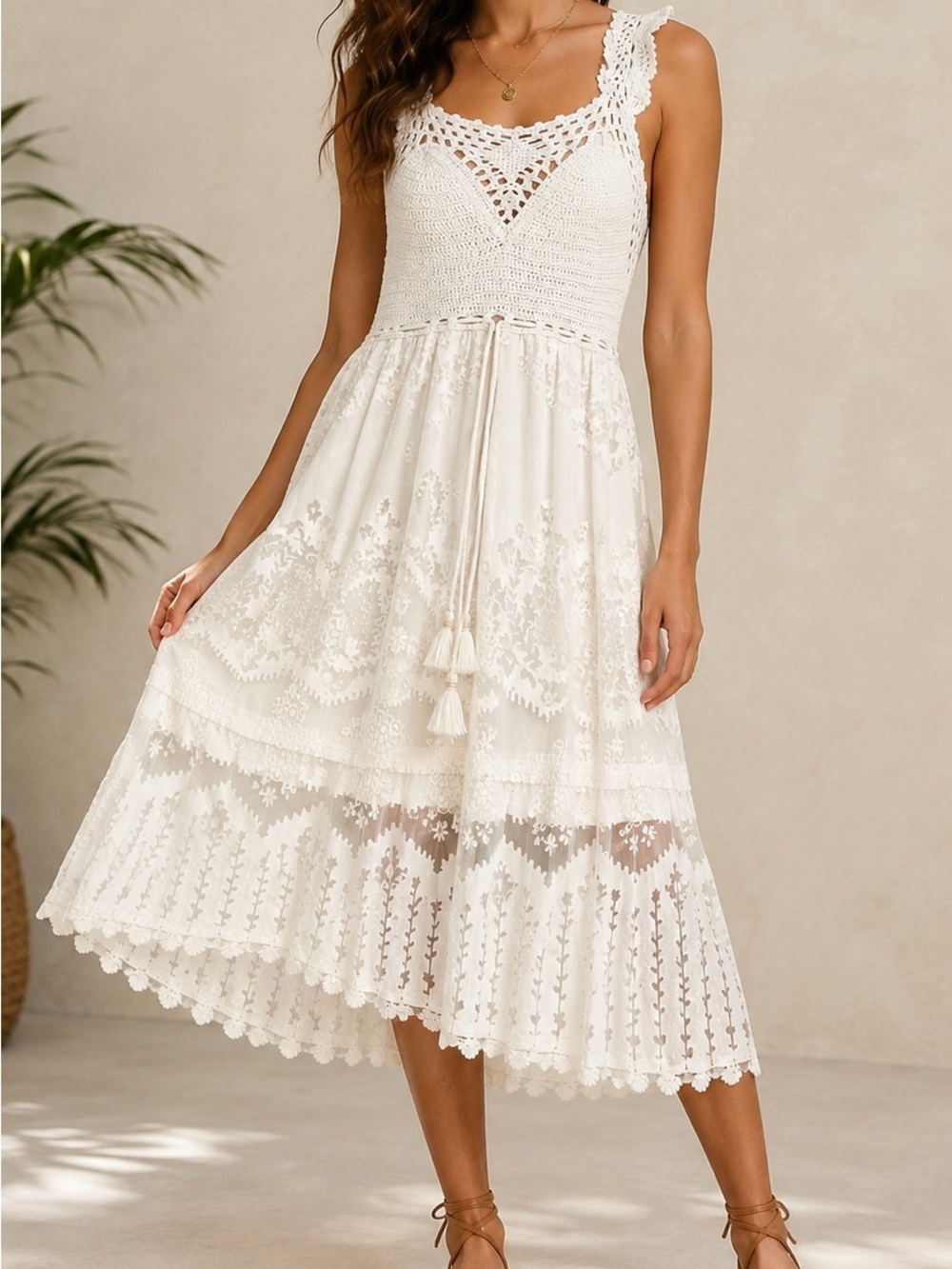 FARM Rio White Crochet & Lace Midi Dress – Size P (Small)